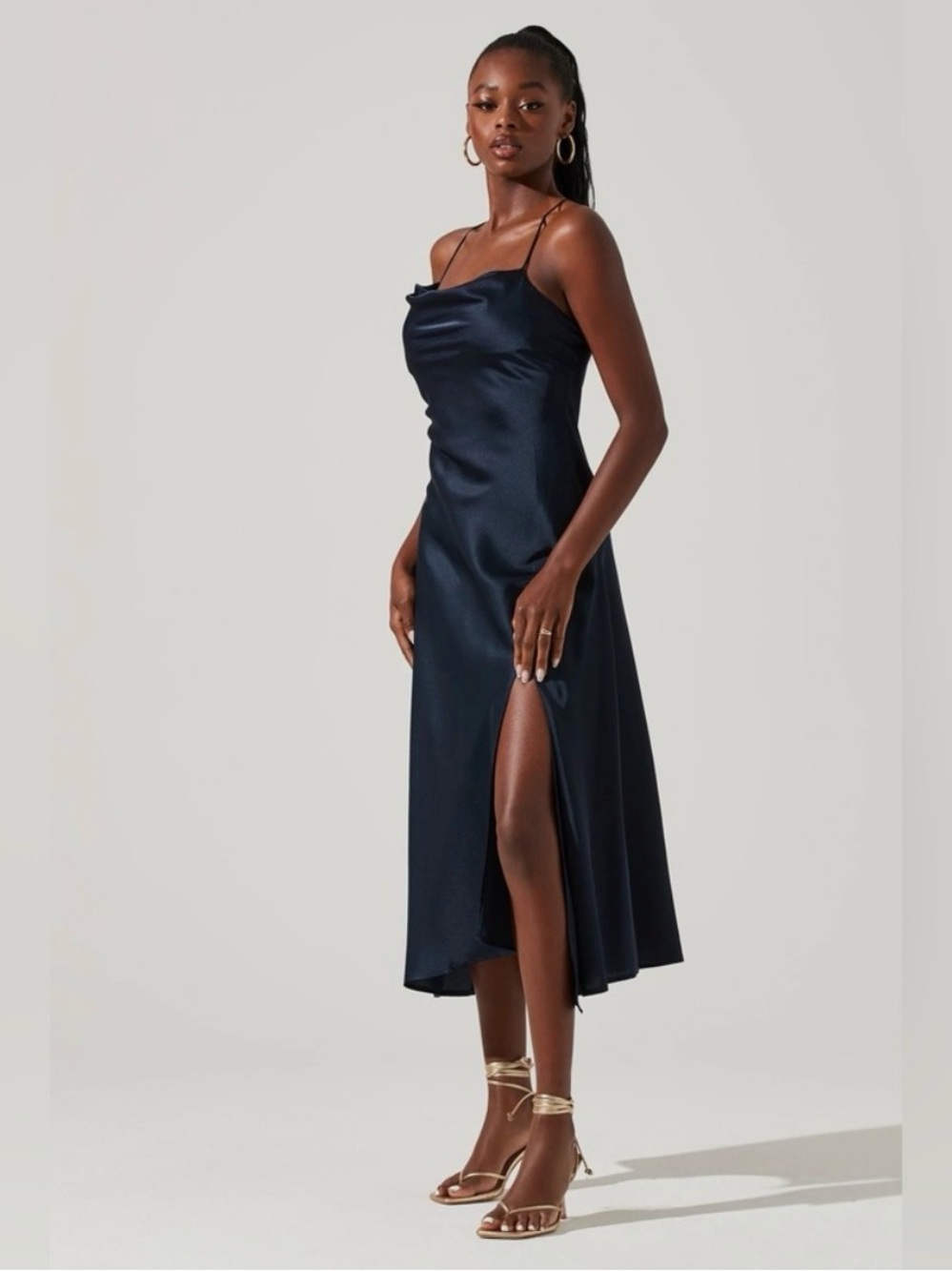 Astr Navy Satin Cowl Midi Dress with High Side Slit